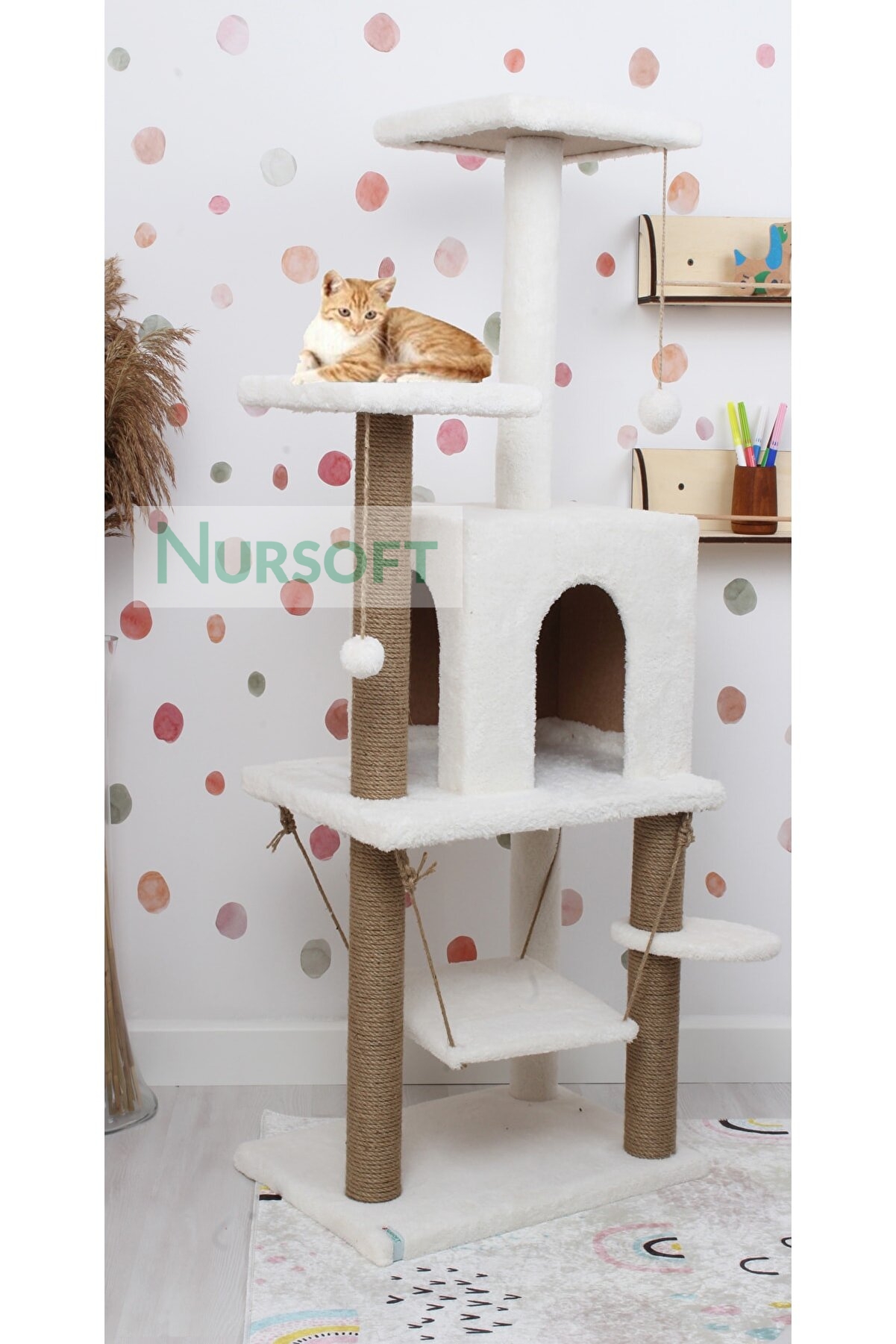 Nursoft Y-01 Salıncaklı Yuvalı Lüx Kedi Tırmalama Oyun Evi-beyaz NRS ...