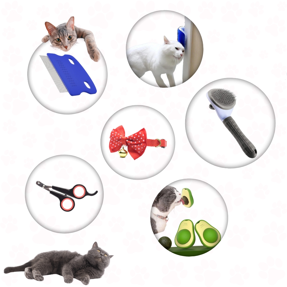 Kedi Bakım Seti: Otomatik Tarak Pire Tarağı Tırnak Makası Papyon Avokado Catnip Kaşınma Aparatı
