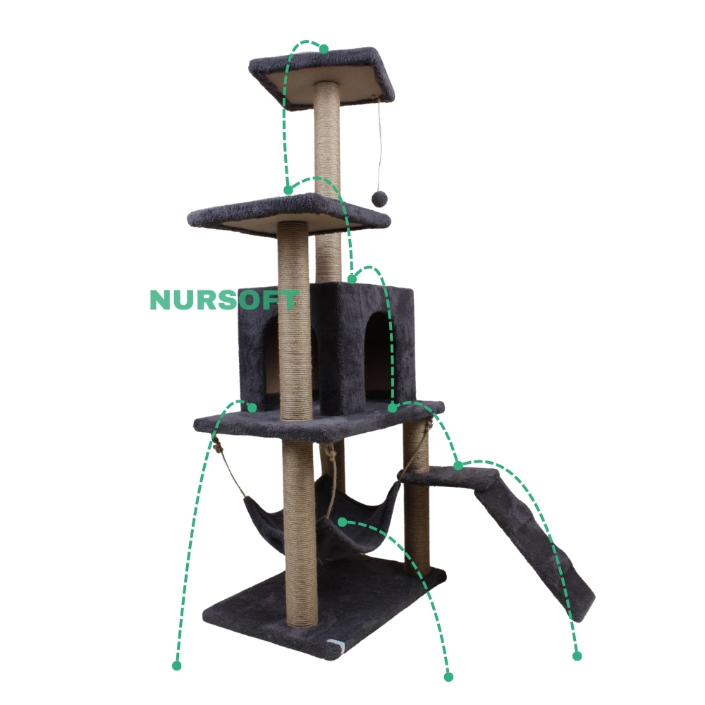 Nursoft B-07 Hamaklı Yuvalı Lüx Kedi Tırmalama Evi Antrasit NRS-B07