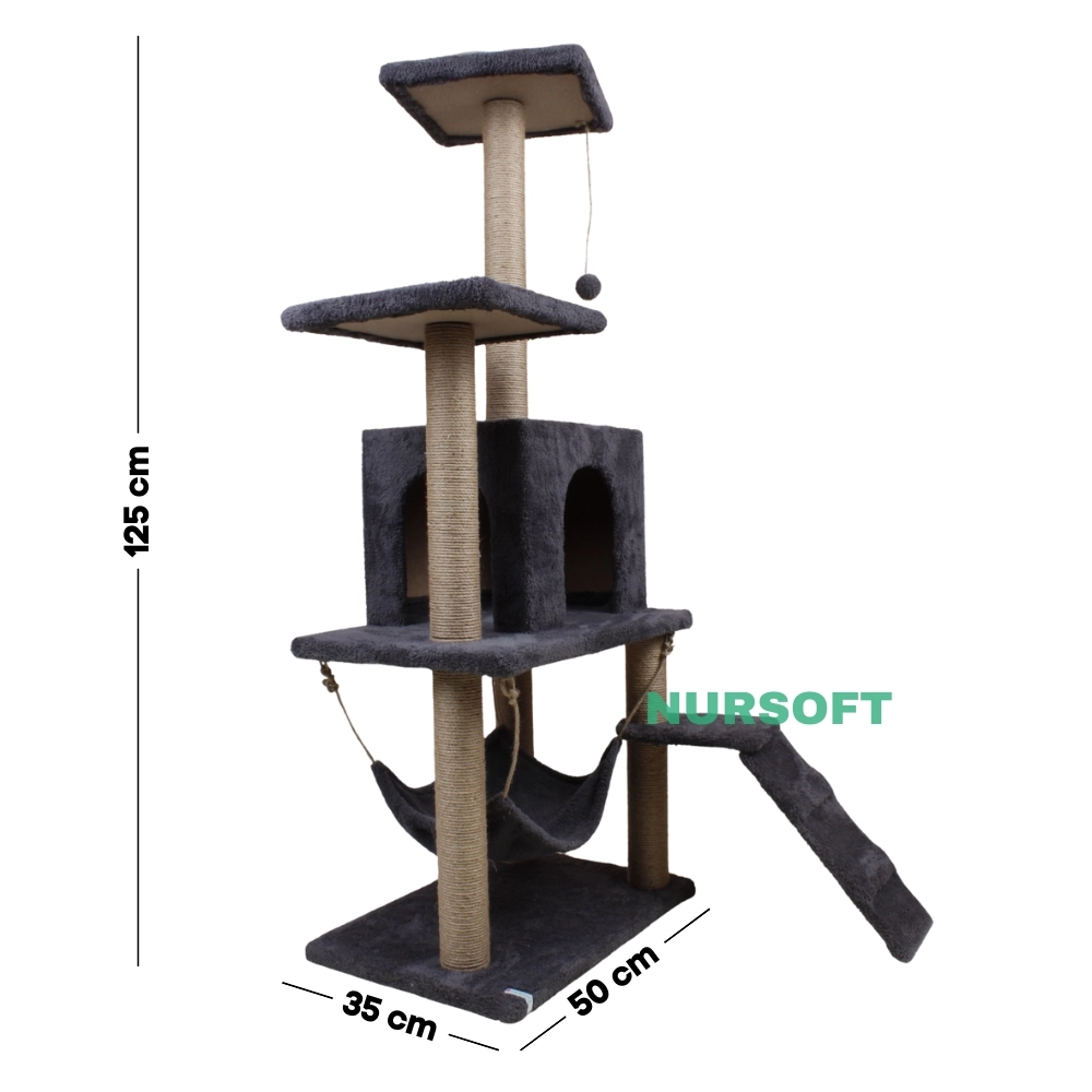 Nursoft B-07 Hamaklı Yuvalı Lüx Kedi Tırmalama Evi Antrasit NRS-B07