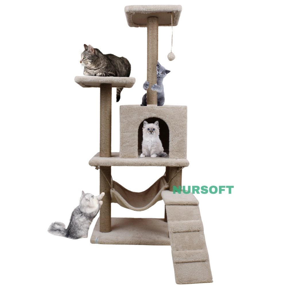 Nursoft B-07 Hamaklı Yuvalı Lüx Kedi Tırmalama Evi Bej
