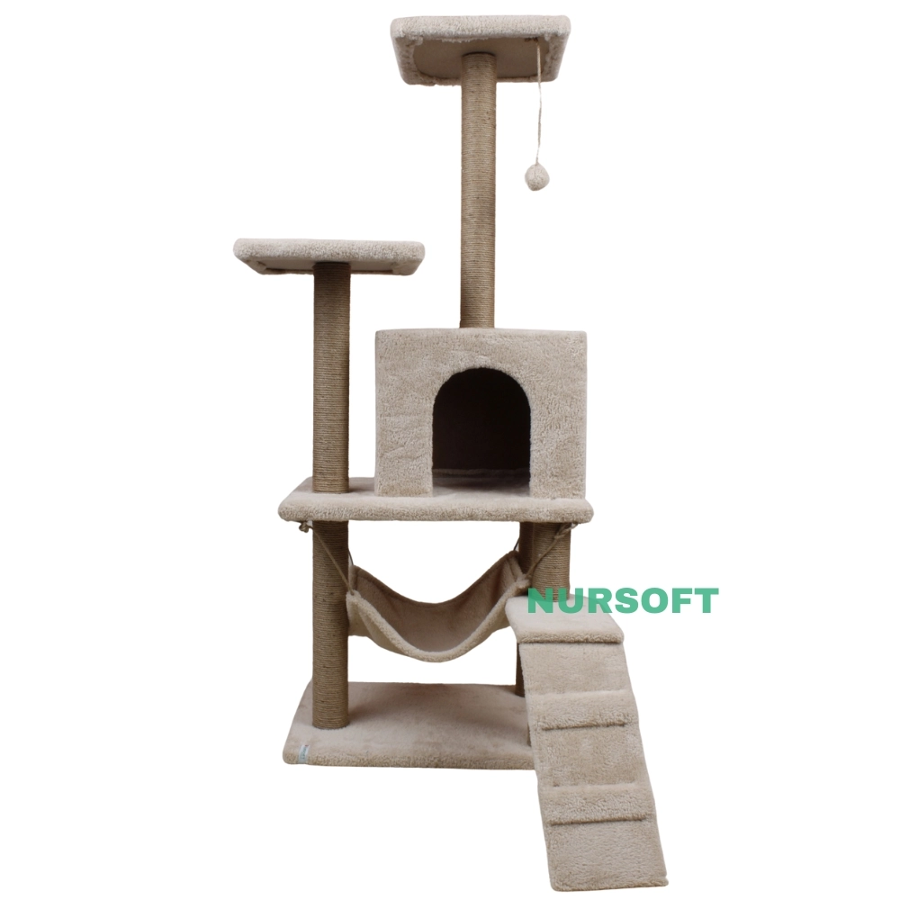 Nursoft B-07 Hamaklı Yuvalı Lüx Kedi Tırmalama Evi Bej