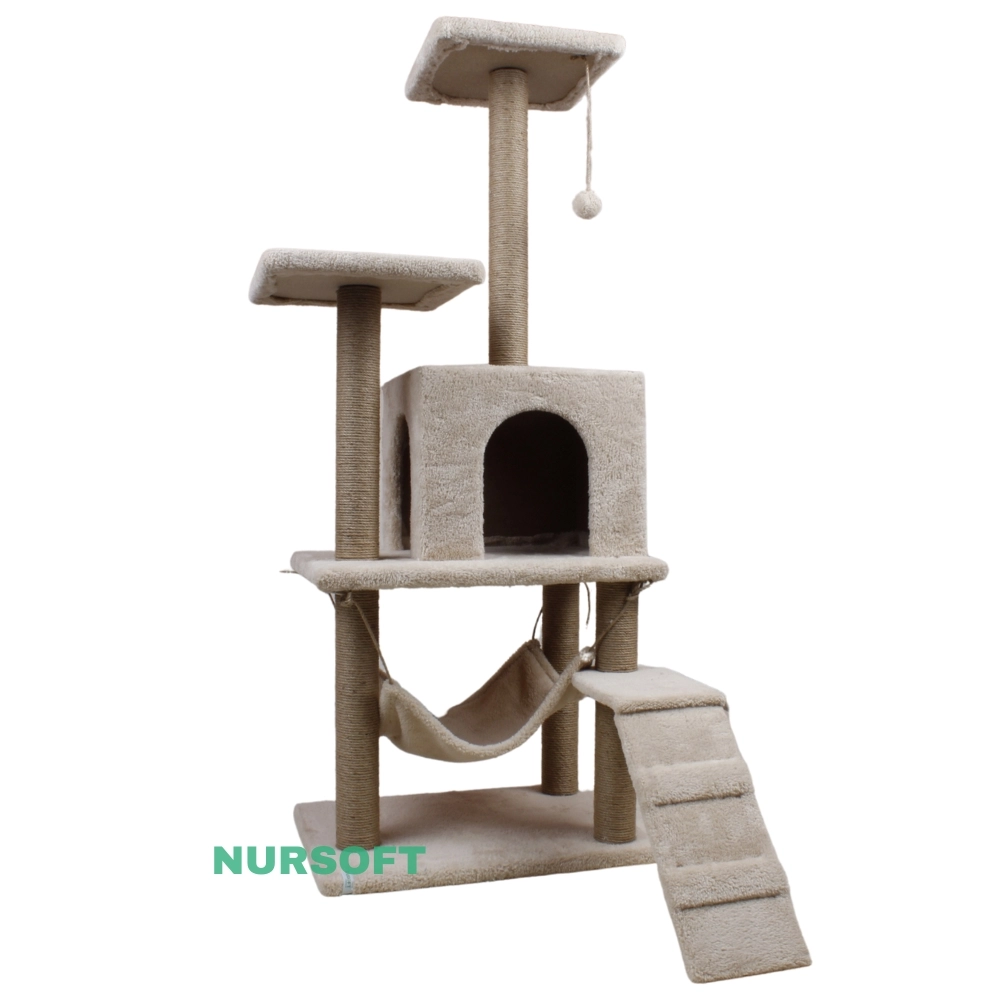 Nursoft B-07 Hamaklı Yuvalı Lüx Kedi Tırmalama Evi Bej