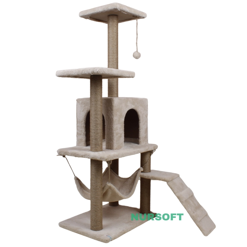 Nursoft B-07 Hamaklı Yuvalı Lüx Kedi Tırmalama Evi Bej