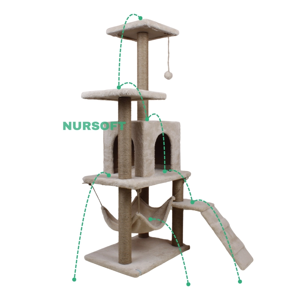 Nursoft B-07 Hamaklı Yuvalı Lüx Kedi Tırmalama Evi Bej
