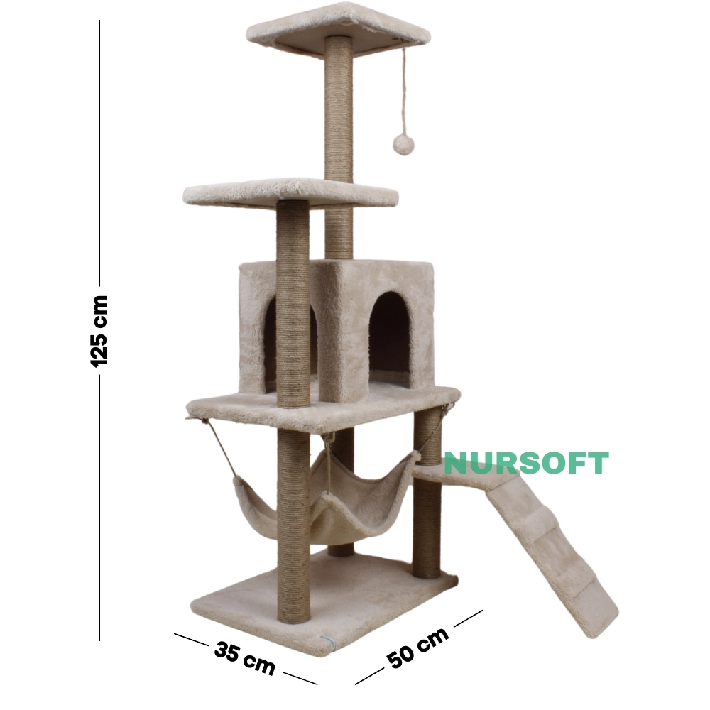 Nursoft B-07 Hamaklı Yuvalı Lüx Kedi Tırmalama Evi Bej