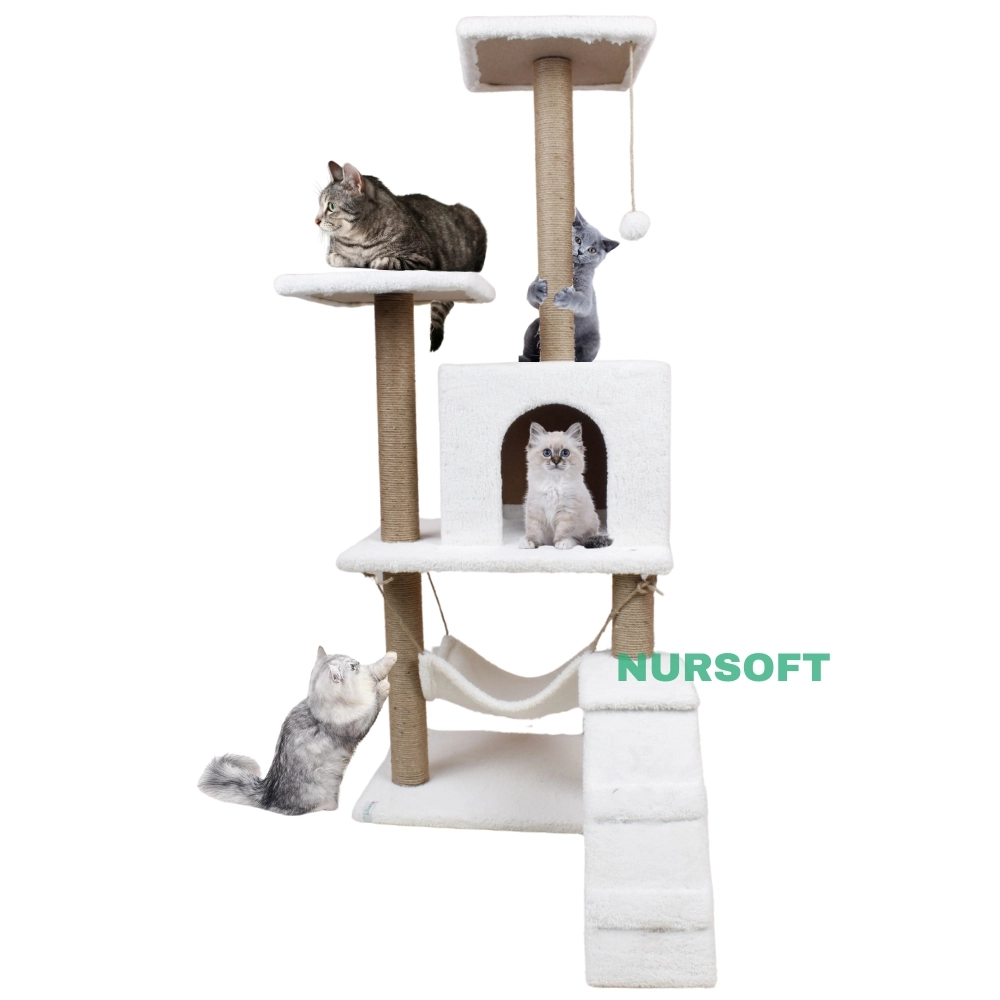 Nursoft B-07 Hamaklı Yuvalı Lüx Kedi Tırmalama Evi Beyaz NRS-B07