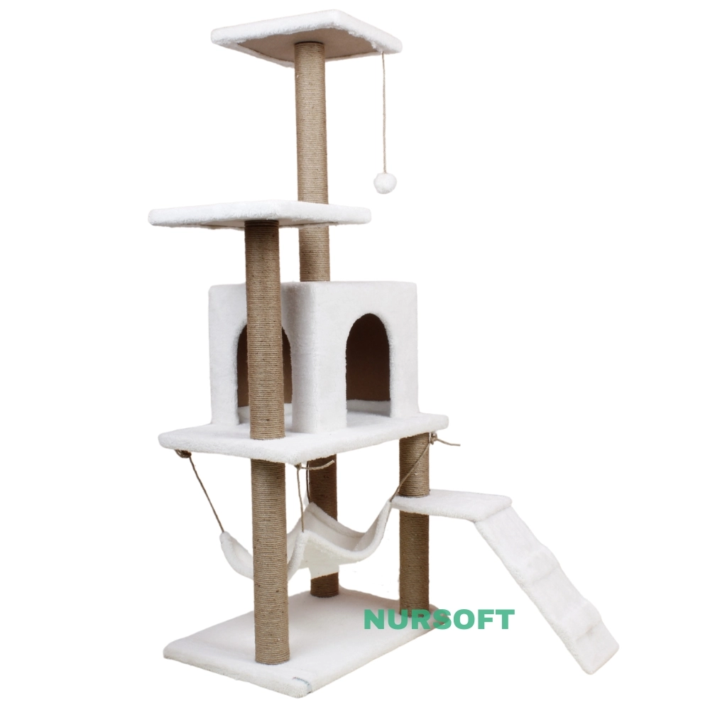 Nursoft B-07 Hamaklı Yuvalı Lüx Kedi Tırmalama Evi Beyaz NRS-B07