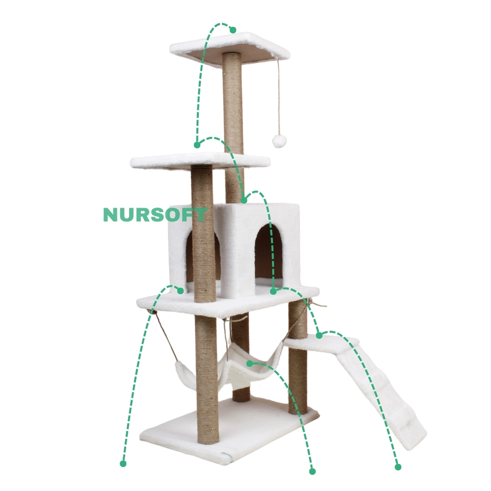Nursoft B-07 Hamaklı Yuvalı Lüx Kedi Tırmalama Evi Beyaz NRS-B07