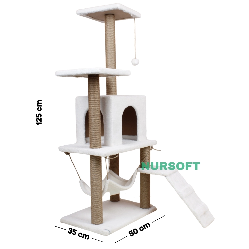 Nursoft B-07 Hamaklı Yuvalı Lüx Kedi Tırmalama Evi Beyaz NRS-B07