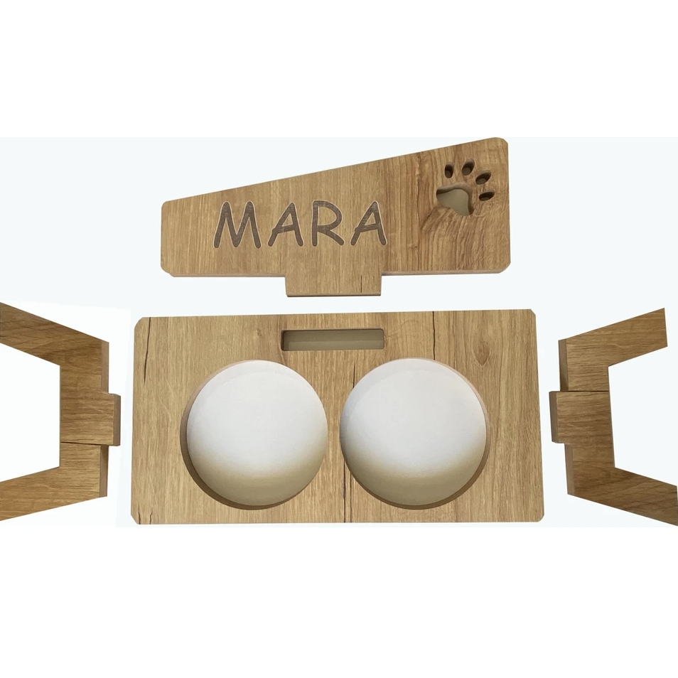 Nursoft Ahşap Kedi Mama Kabı Standı Özel Isim Baskılı Kedi Köpek Su Kabı NR-0093