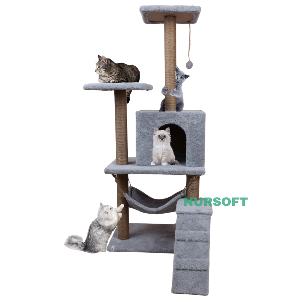 Nursoft B-07 Hamaklı Yuvalı Lüx Kedi Tırmalama Evi Gri NRS-B07