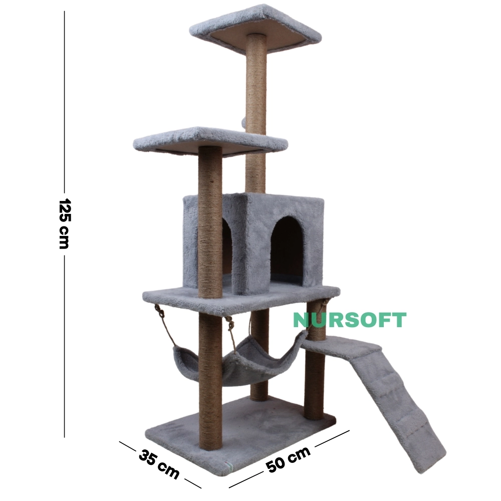Nursoft B-07 Hamaklı Yuvalı Lüx Kedi Tırmalama Evi Gri NRS-B07