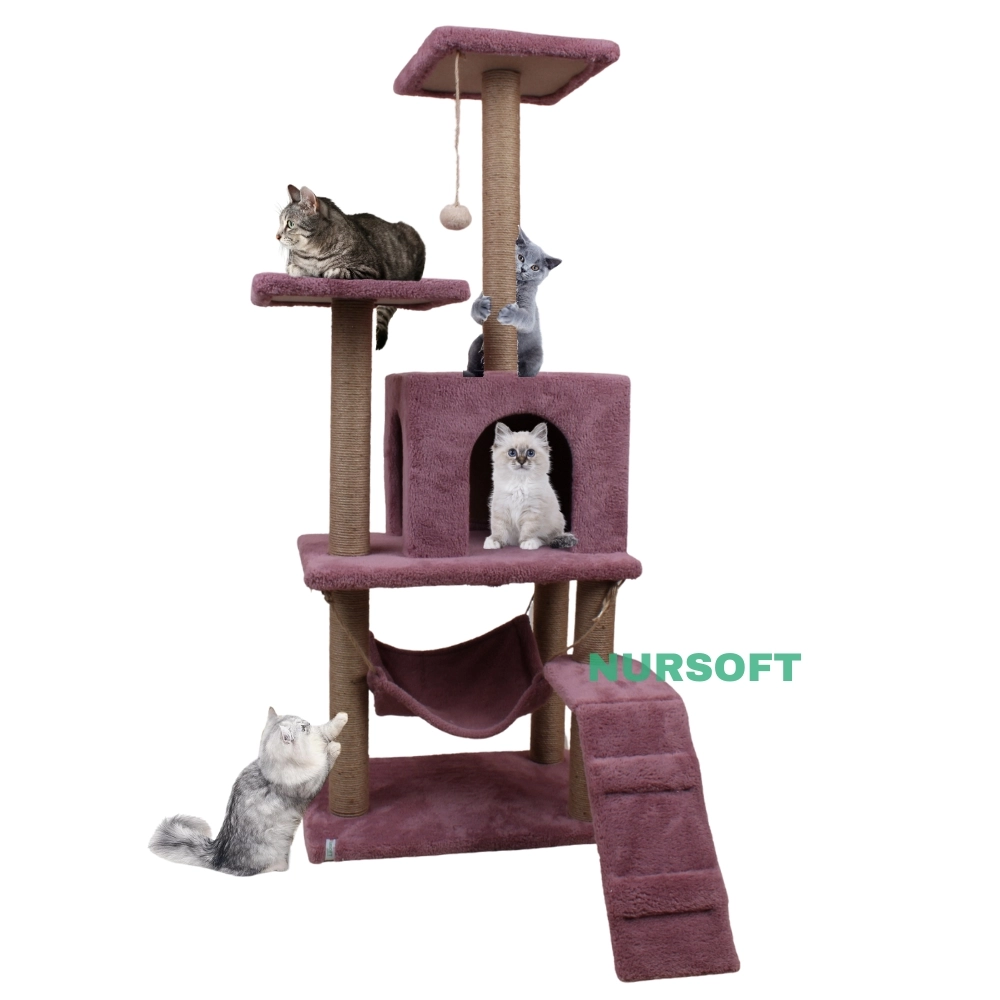 Nursoft B-07 Hamaklı Yuvalı Lüx Kedi Tırmalama Oyun Evi- Gül Kurusu NRS-B07