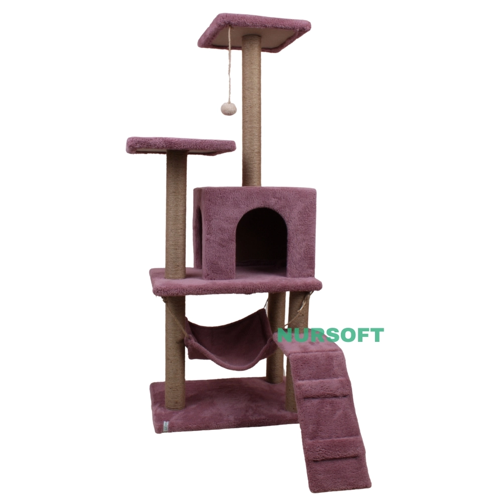Nursoft B-07 Hamaklı Yuvalı Lüx Kedi Tırmalama Oyun Evi- Gül Kurusu NRS-B07