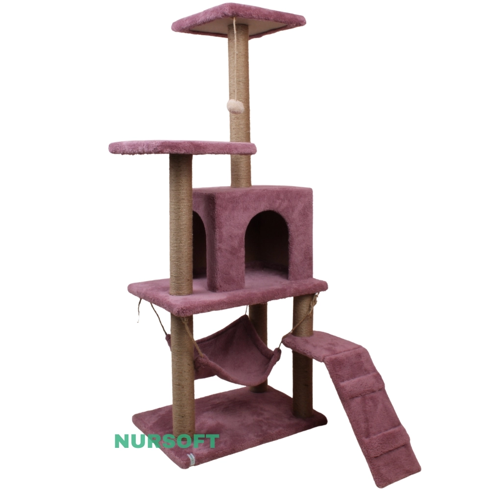Nursoft B-07 Hamaklı Yuvalı Lüx Kedi Tırmalama Oyun Evi- Gül Kurusu NRS-B07