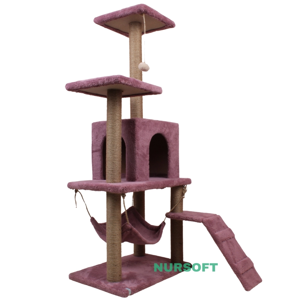 Nursoft B-07 Hamaklı Yuvalı Lüx Kedi Tırmalama Oyun Evi- Gül Kurusu NRS-B07