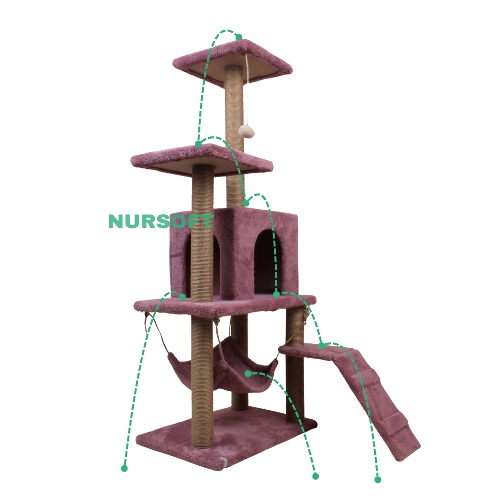 Nursoft B-07 Hamaklı Yuvalı Lüx Kedi Tırmalama Oyun Evi- Gül Kurusu NRS-B07