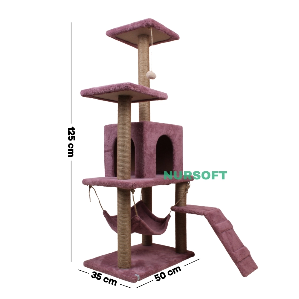 Nursoft B-07 Hamaklı Yuvalı Lüx Kedi Tırmalama Oyun Evi- Gül Kurusu NRS-B07