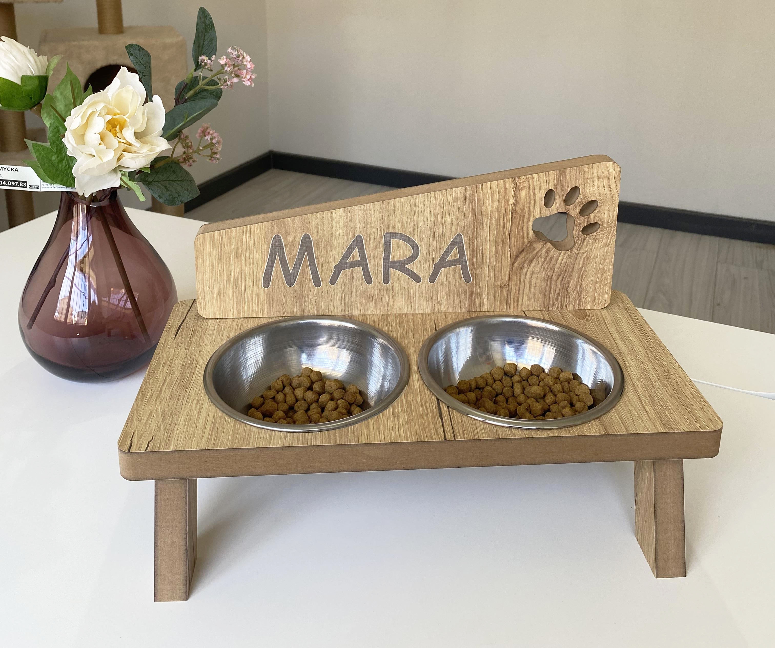 Nursoft Ahşap Kedi Mama Kabı Standı Özel Isim Baskılı Kedi Köpek Su Kabı NR-0093