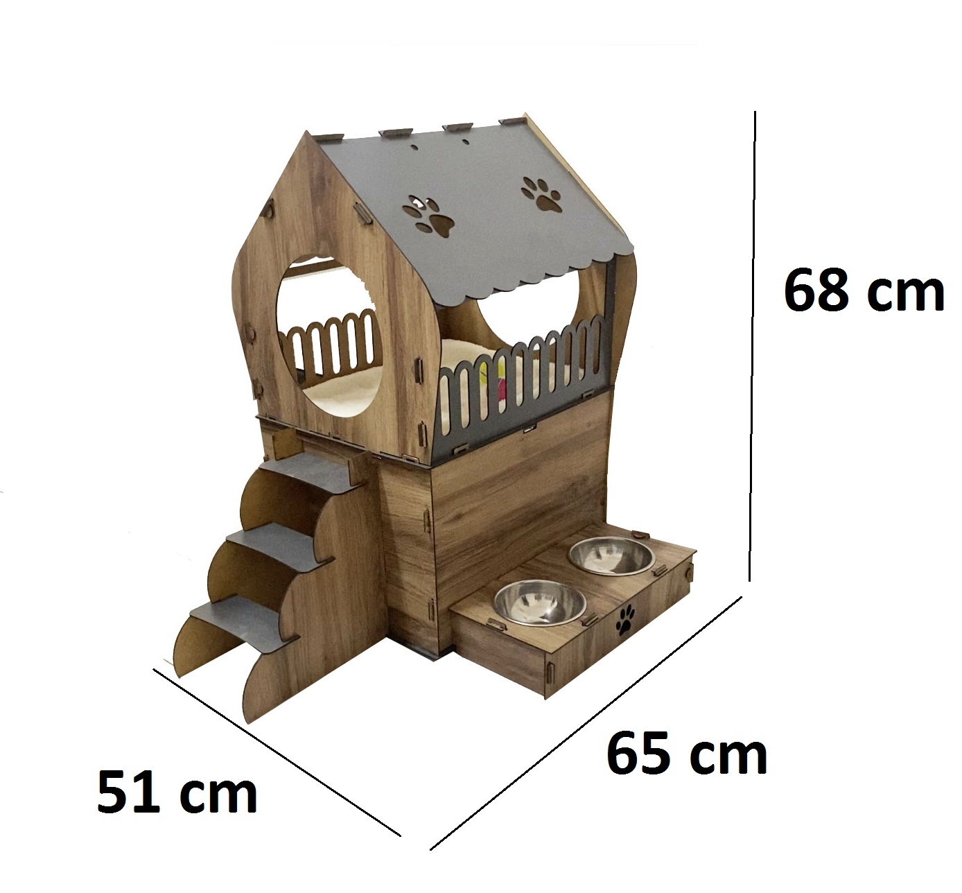 Dekoratif Teraslı Kedi Evi ve Mama Kabı Seti