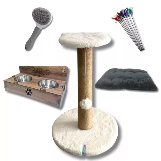Kedi Oyun ve Bakım Seti – Özel İsimli Mama Kabı, Tırmalama Tahtası, Oltası, Tarağı ve Minder (5’li Set)