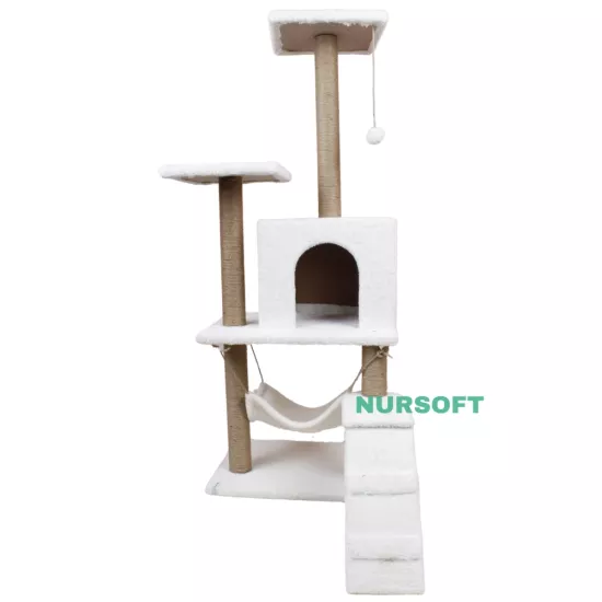 Nursoft B-07 Hamaklı Yuvalı Lüx Kedi Tırmalama Evi Beyaz NRS-B07