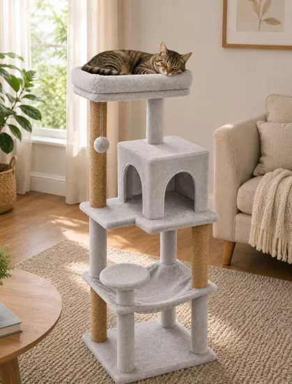 Duman Çok Katlı Kedi Yıkanabilir Kumaşlı Tırmalama ve Oyun Evi – Yataklı, Hamaklı, Kulübeli Kedi Ağac