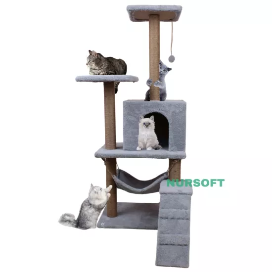 Nursoft B-07 Hamaklı Yuvalı Lüx Kedi Tırmalama Evi Gri NRS-B07