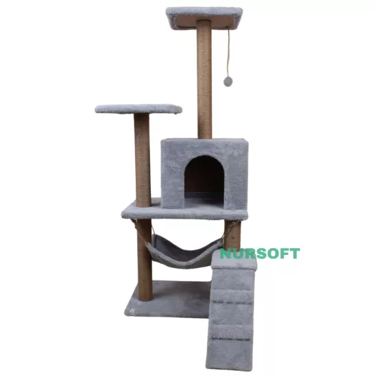 Nursoft B-07 Hamaklı Yuvalı Lüx Kedi Tırmalama Evi Gri NRS-B07