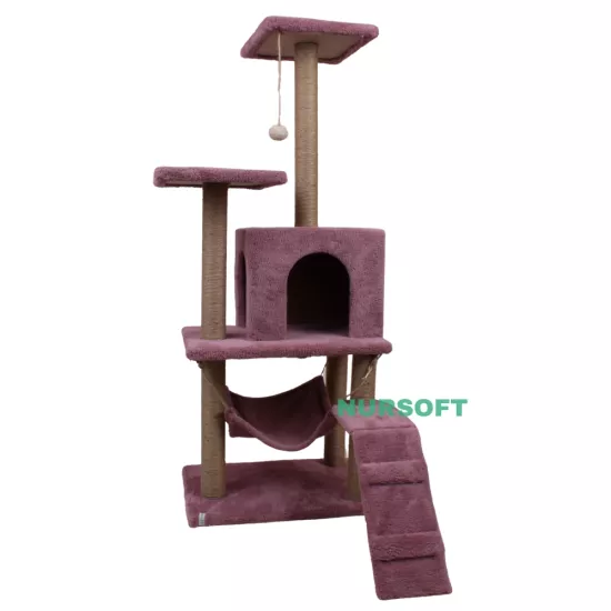 Nursoft B-07 Hamaklı Yuvalı Lüx Kedi Tırmalama Oyun Evi- Gül Kurusu NRS-B07