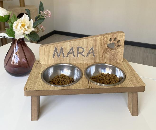 Nursoft Ahşap Kedi Mama Kabı Standı Özel Isim Baskılı Kedi Köpek Su Kabı NR-0093