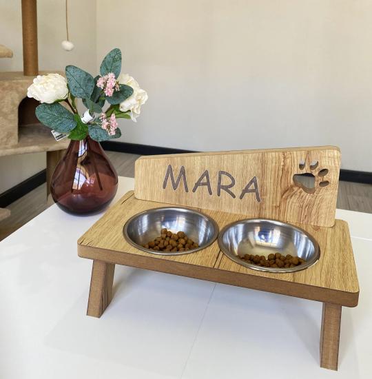 Nursoft Ahşap Kedi Mama Kabı Standı Özel Isim Baskılı Kedi Köpek Su Kabı NR-0093