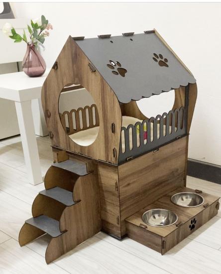 Dekoratif Teraslı Kedi Evi ve Mama Kabı Seti