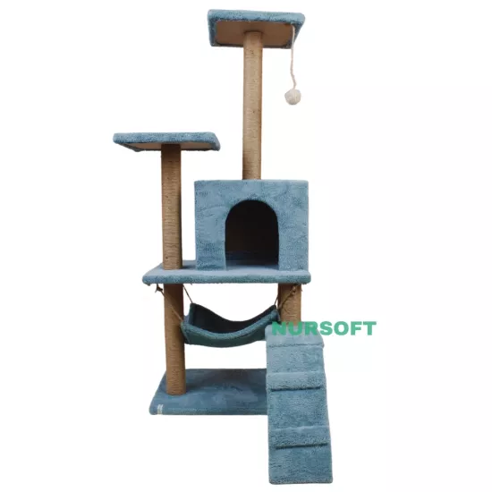 Nursoft B-07 Hamaklı Yuvalı Lüx Kedi Tırmalama Oyun Evi-turkuaz NRS-B07