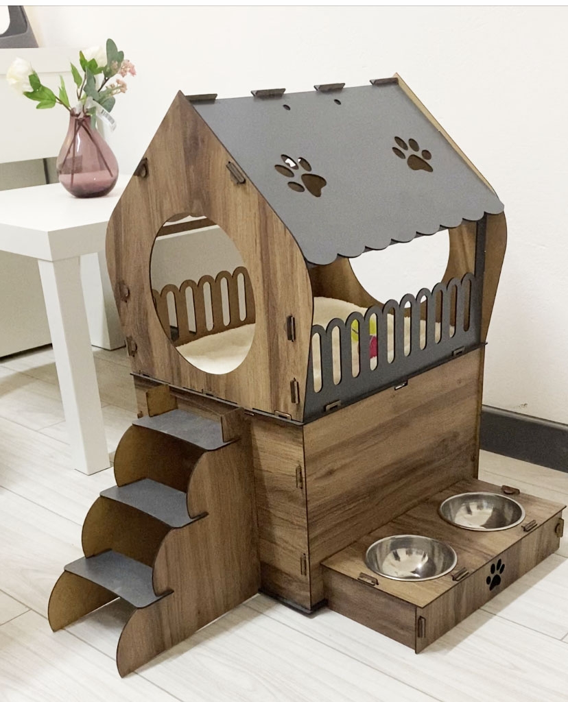 Dekoratif Teraslı Kedi Evi ve Mama Kabı Seti