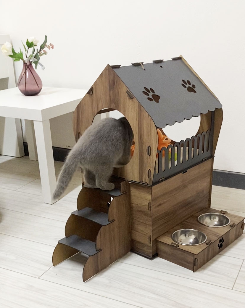 Dekoratif Teraslı Kedi Evi ve Mama Kabı Seti
