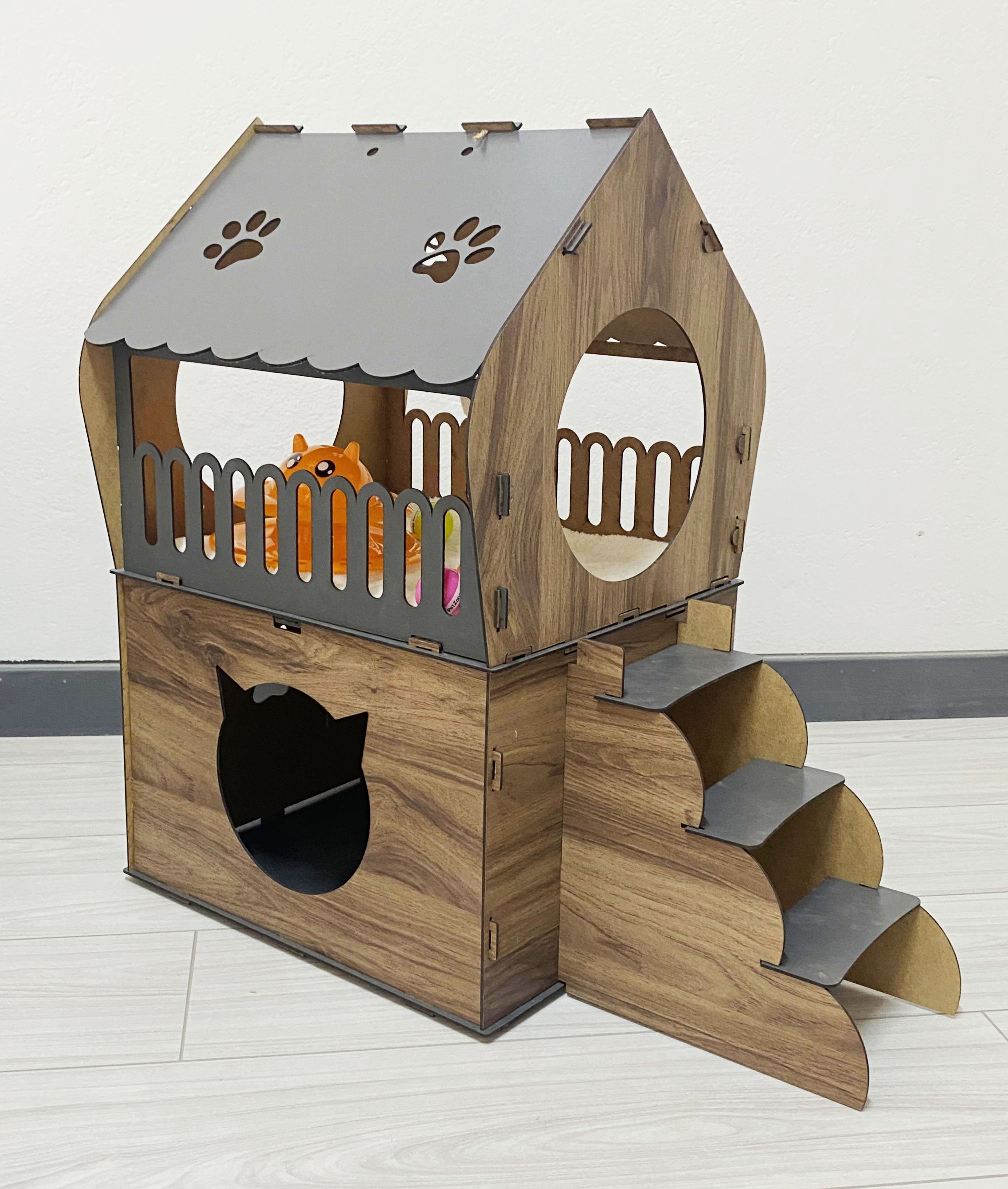 Dekoratif Teraslı Kedi Evi ve Mama Kabı Seti