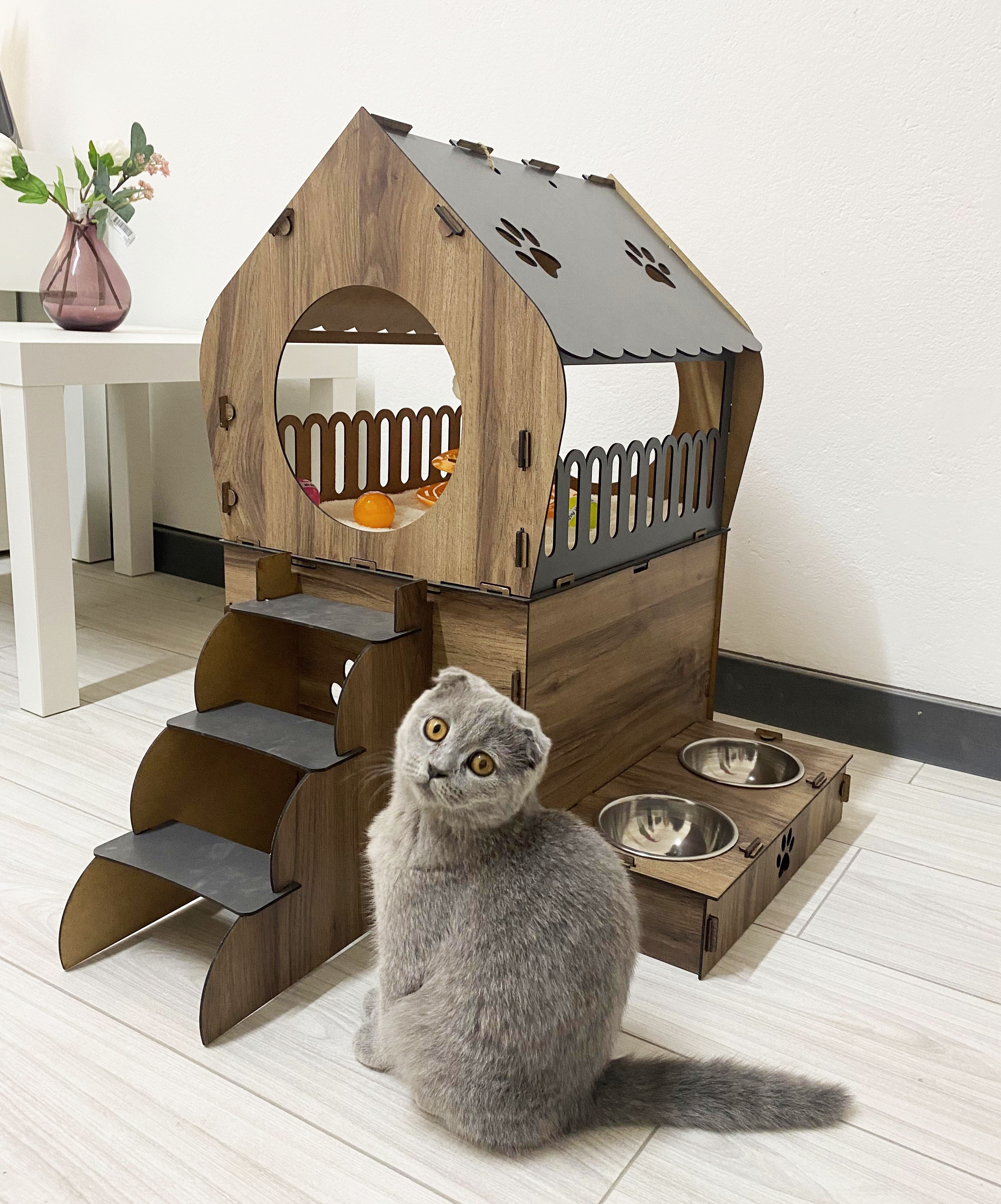 Dekoratif Teraslı Kedi Evi ve Mama Kabı Seti