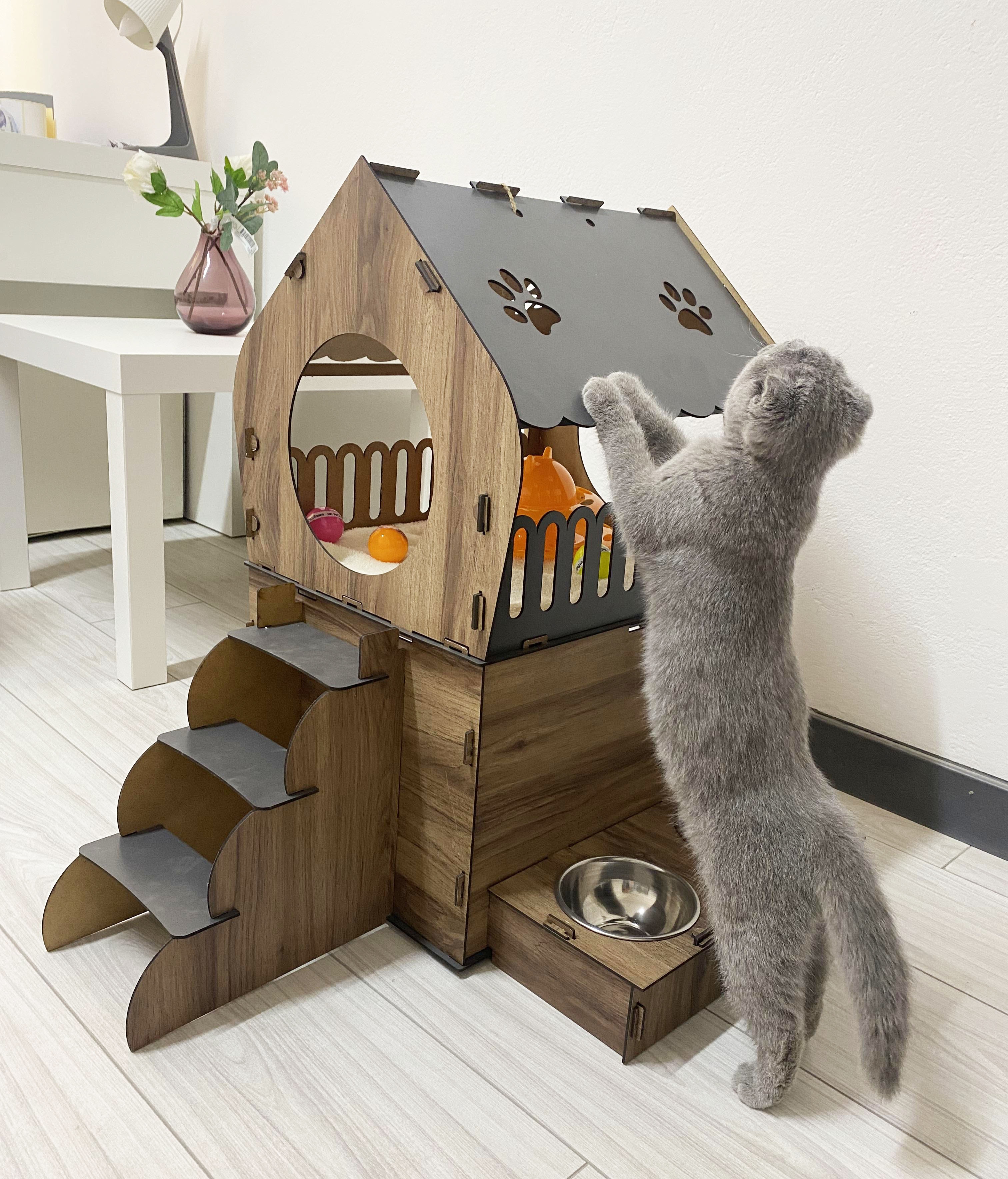 Dekoratif Teraslı Kedi Evi ve Mama Kabı Seti