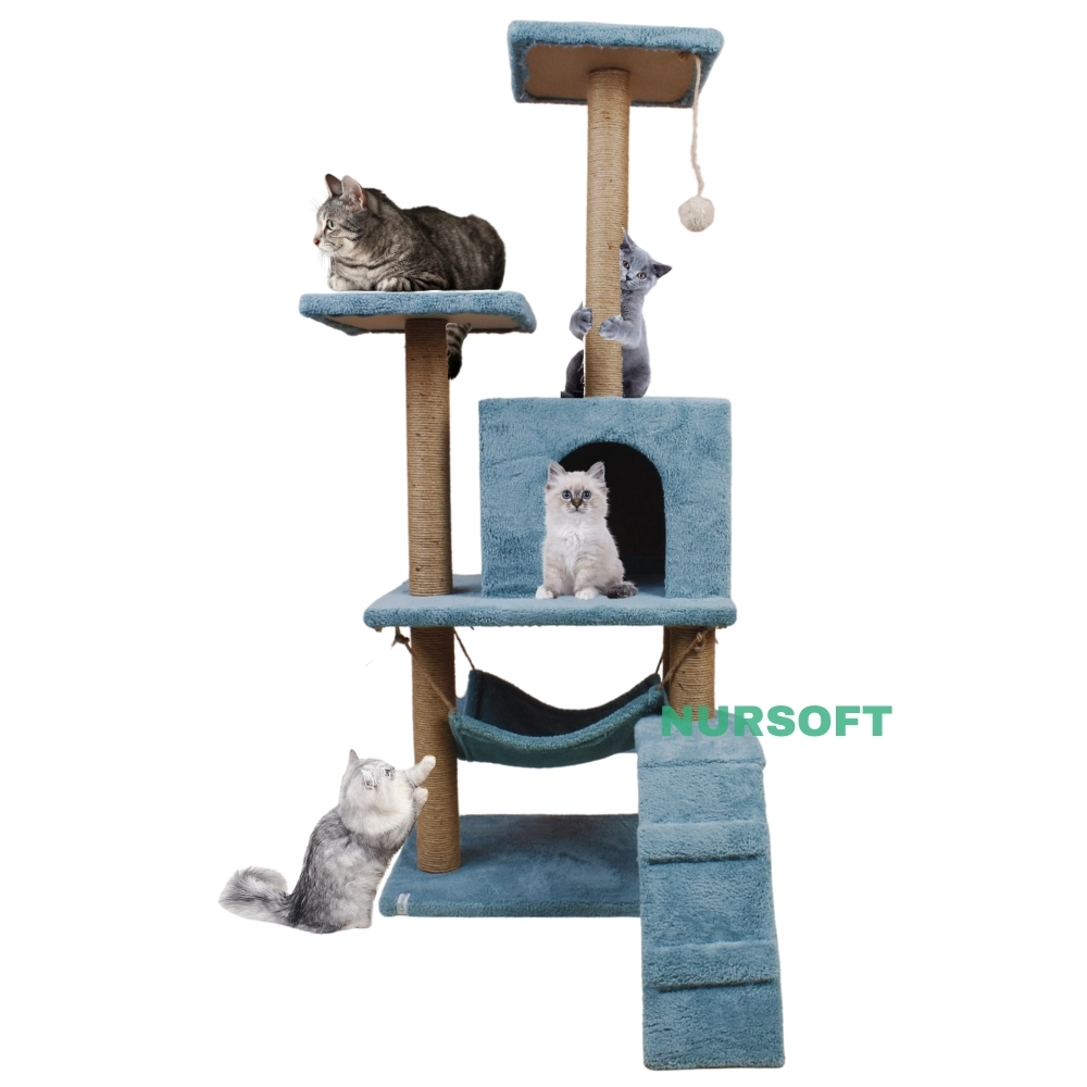 Nursoft B-07 Hamaklı Yuvalı Lüx Kedi Tırmalama Oyun Evi-turkuaz