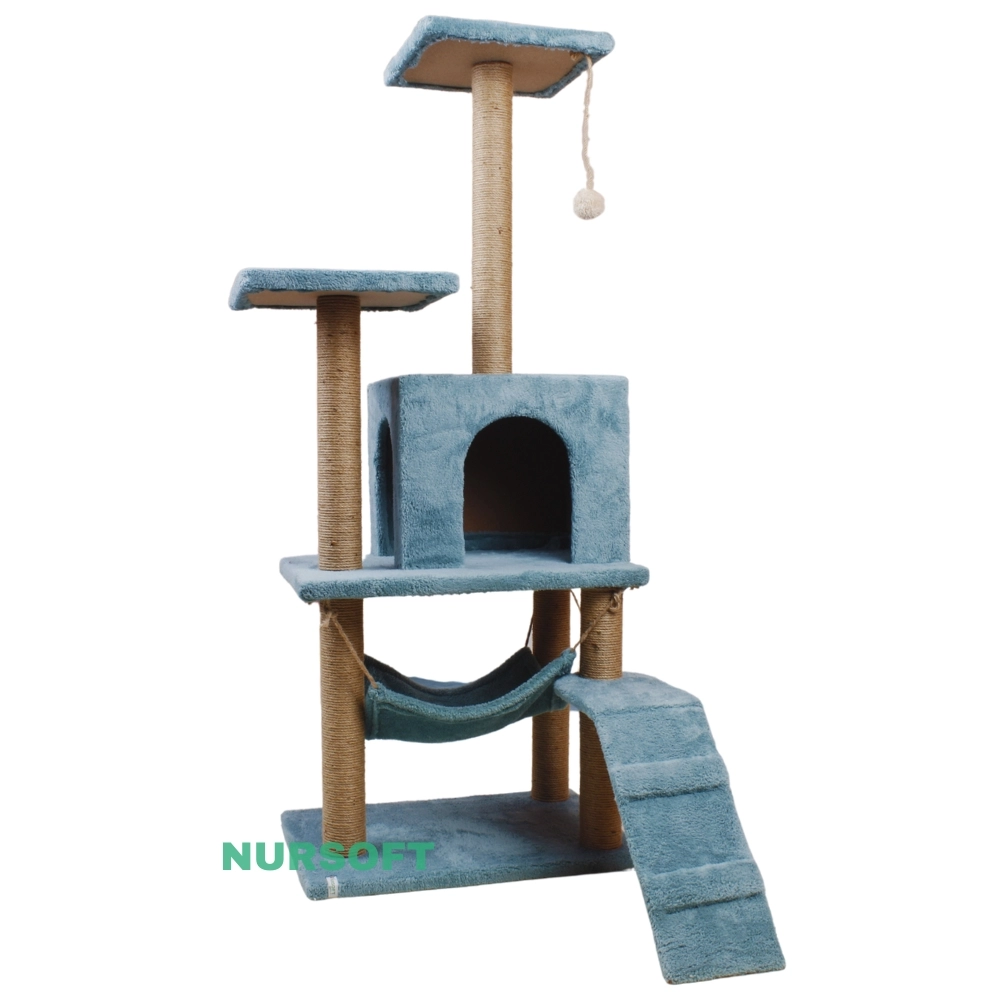 Nursoft B-07 Hamaklı Yuvalı Lüx Kedi Tırmalama Oyun Evi-turkuaz NRS-B07