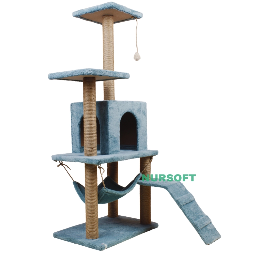 Nursoft B-07 Hamaklı Yuvalı Lüx Kedi Tırmalama Oyun Evi-turkuaz NRS-B07