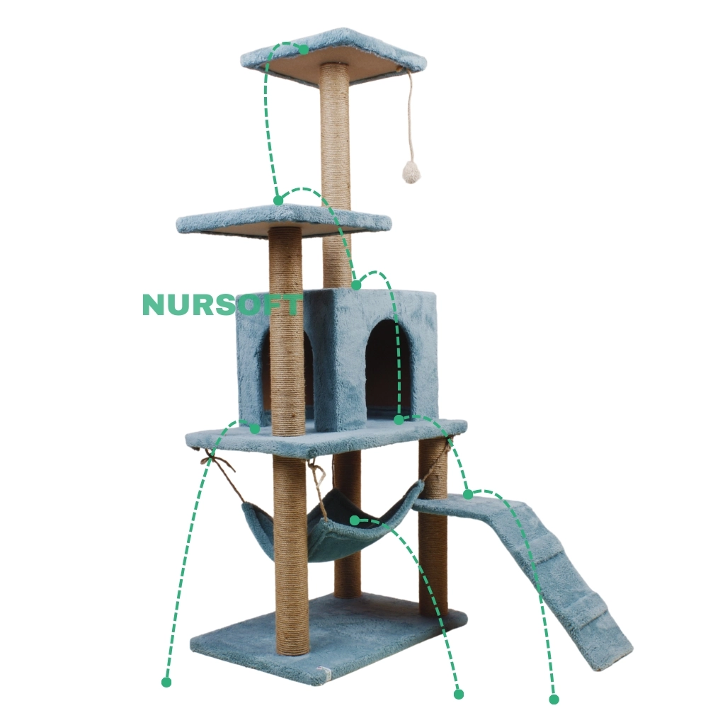 Nursoft B-07 Hamaklı Yuvalı Lüx Kedi Tırmalama Oyun Evi-turkuaz