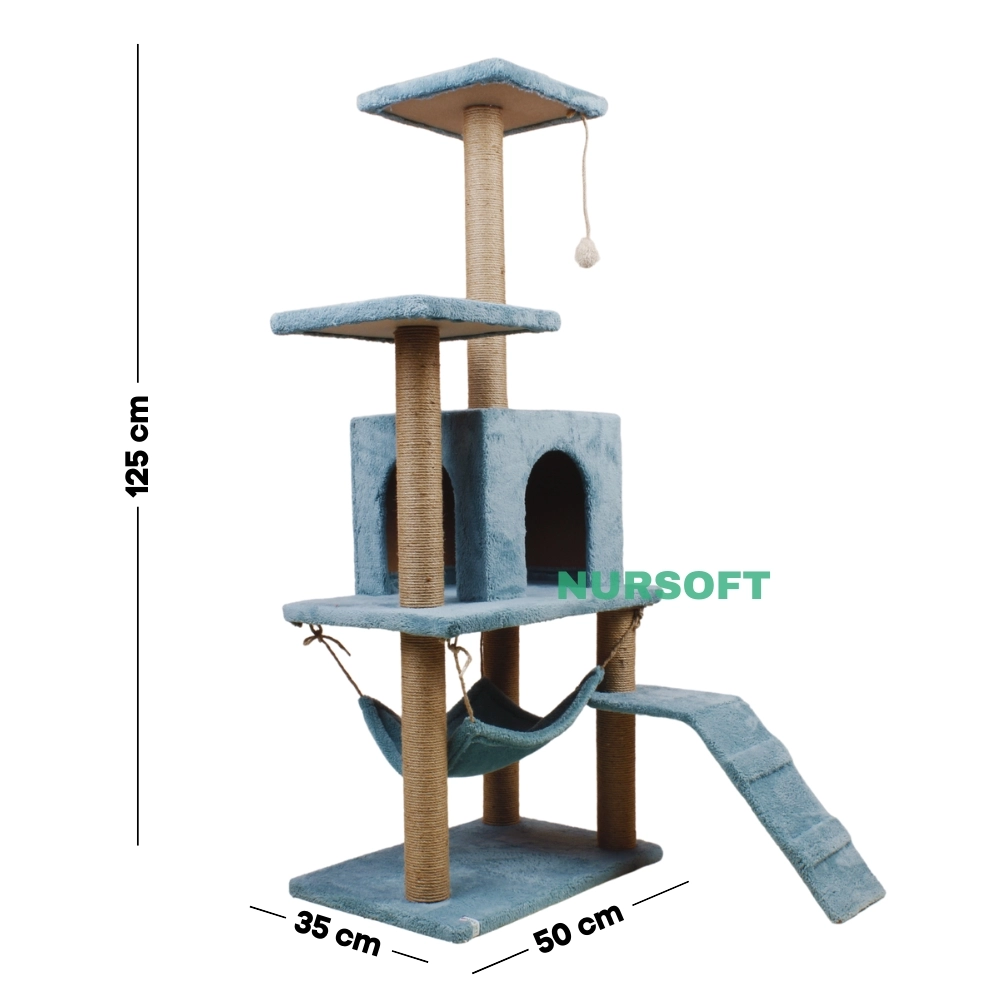 Nursoft B-07 Hamaklı Yuvalı Lüx Kedi Tırmalama Oyun Evi-turkuaz NRS-B07